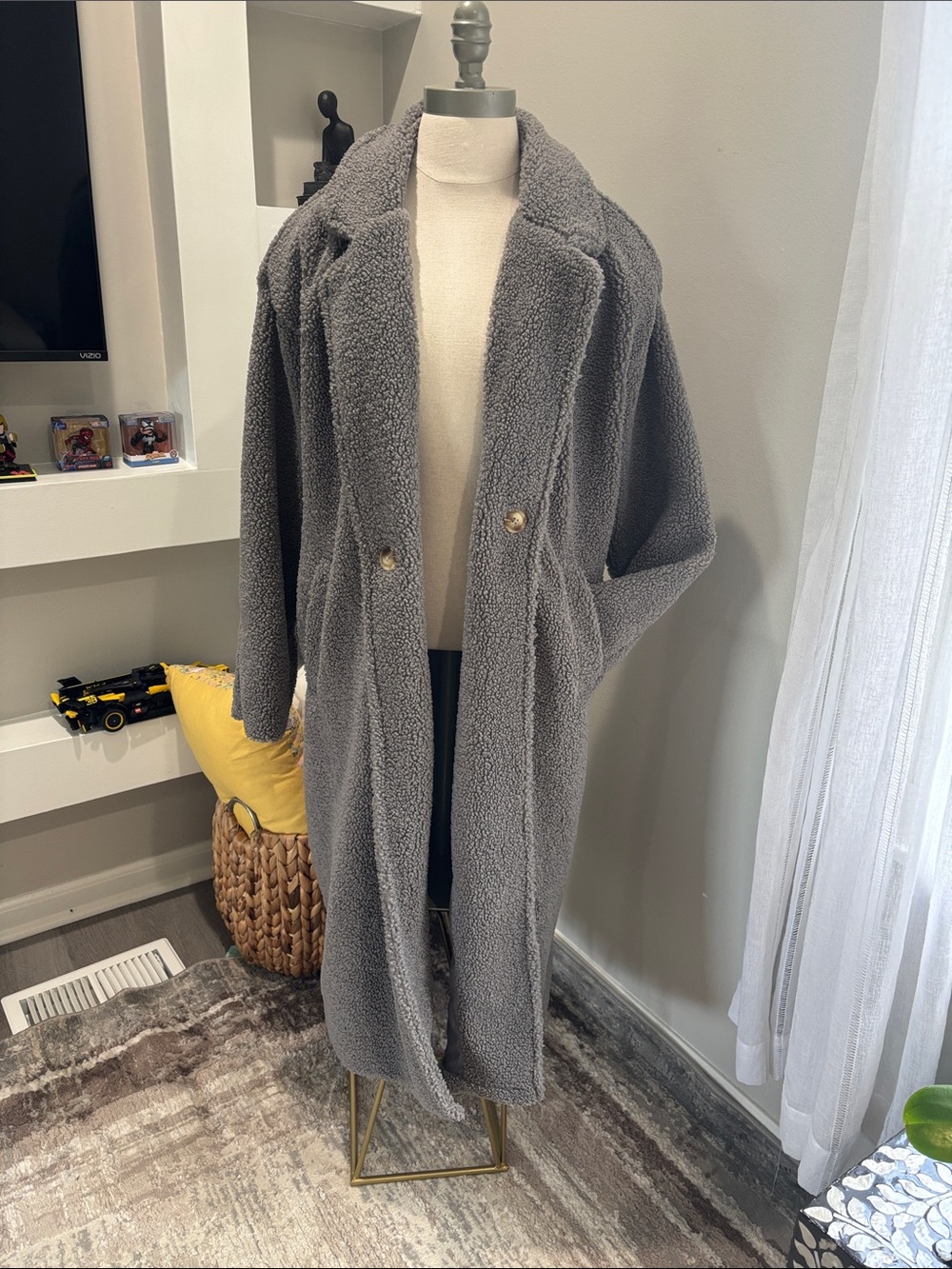 Ultra Flirt Gray Long Teddy Coat with Gold Buttons